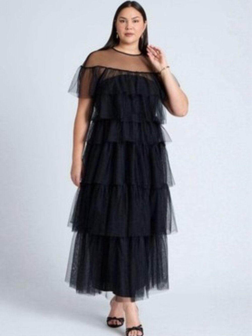 NEW Eloquii Ruffle Tulle Maxi Dress Sheer Tiered Size 20 2X Black NWT
